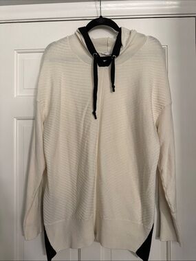 Cozy Cream Hooded Knit Sweater with Black Drawcord
